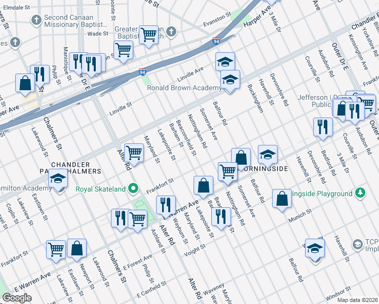 map of restaurants, bars, coffee shops, grocery stores, and more near 5314 Beaconsfield Street in Detroit
