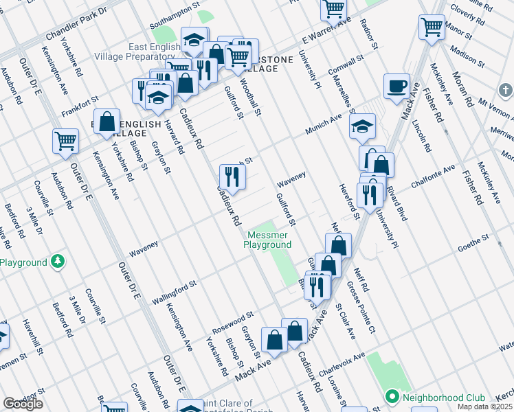map of restaurants, bars, coffee shops, grocery stores, and more near 17179 Detroit Street in Detroit