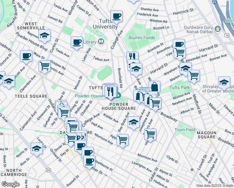 map of restaurants, bars, coffee shops, grocery stores, and more near 201 College Avenue in Somerville