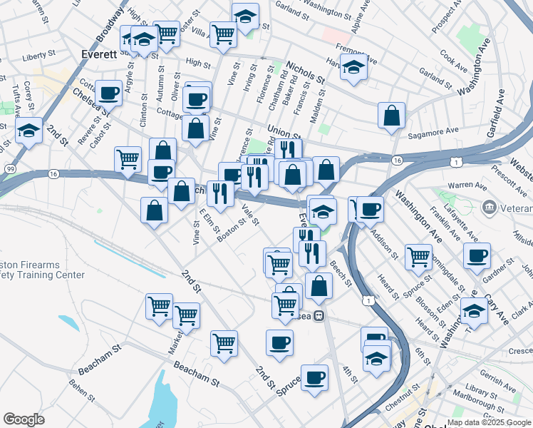 map of restaurants, bars, coffee shops, grocery stores, and more near 202 Mill Road in Everett