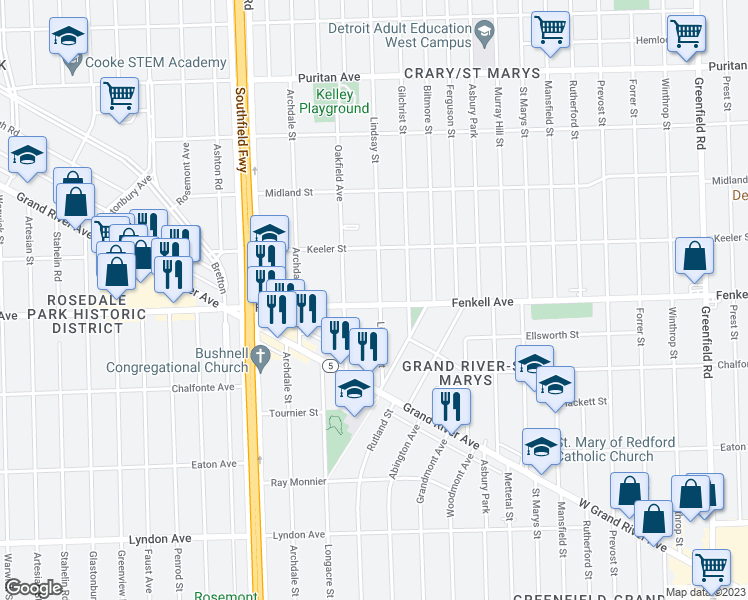 map of restaurants, bars, coffee shops, grocery stores, and more near 15303 Lindsay Street in Detroit