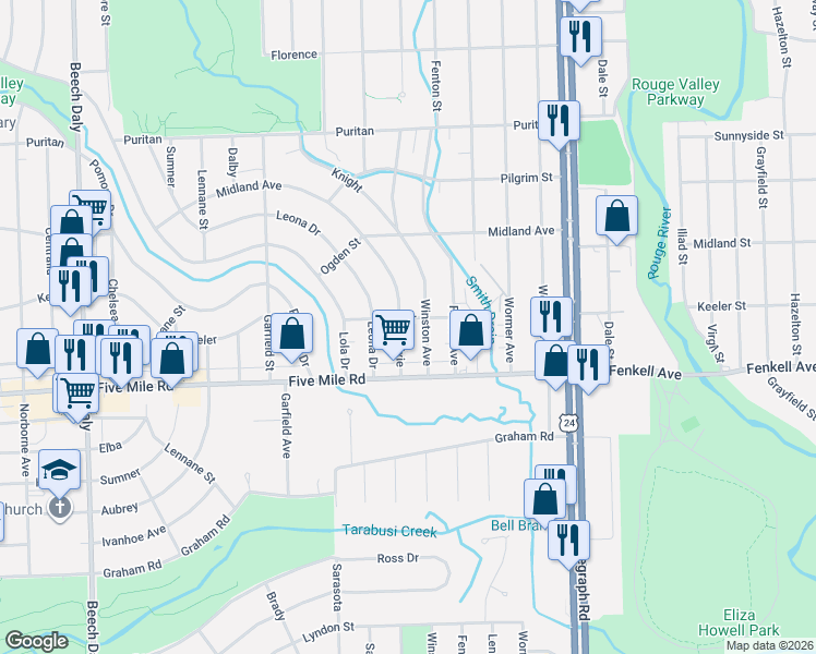 map of restaurants, bars, coffee shops, grocery stores, and more near 15439 Winston in Redford Charter Township