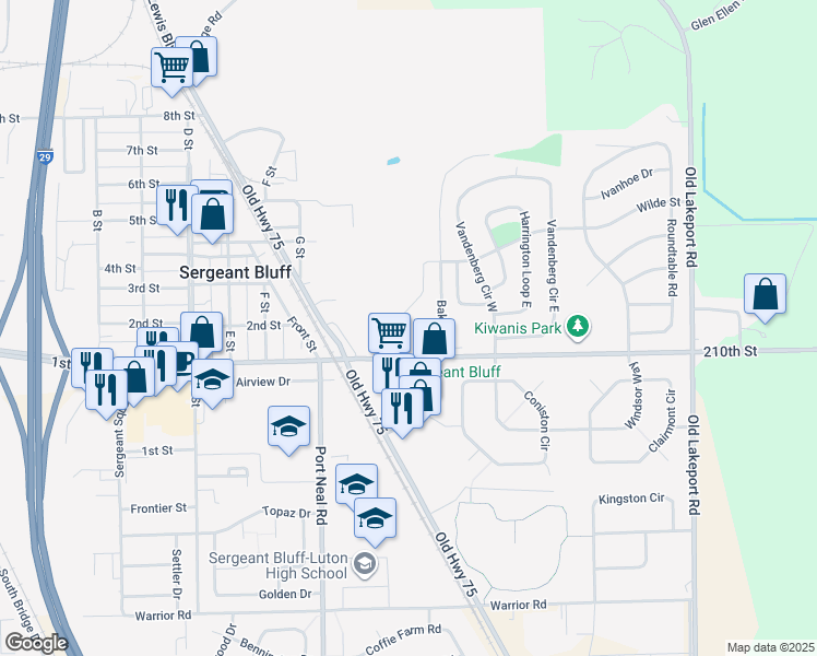 map of restaurants, bars, coffee shops, grocery stores, and more near 204 Prairie Bluff Drive in Sergeant Bluff
