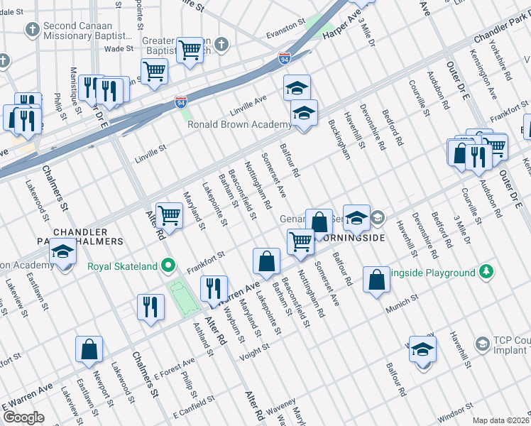 map of restaurants, bars, coffee shops, grocery stores, and more near 5274 Nottingham Road in Detroit