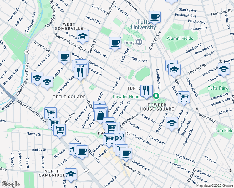 map of restaurants, bars, coffee shops, grocery stores, and more near 2 Whitman Street in Somerville