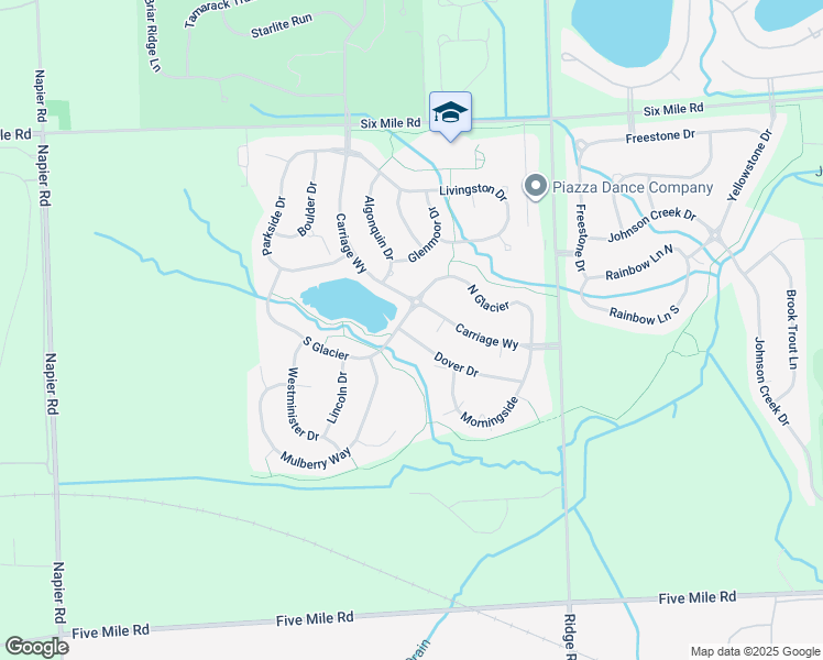 map of restaurants, bars, coffee shops, grocery stores, and more near 16897 Carriage Way in Northville