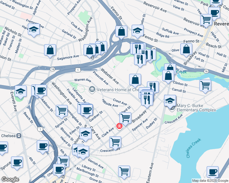 map of restaurants, bars, coffee shops, grocery stores, and more near 166 Webster Avenue in Chelsea