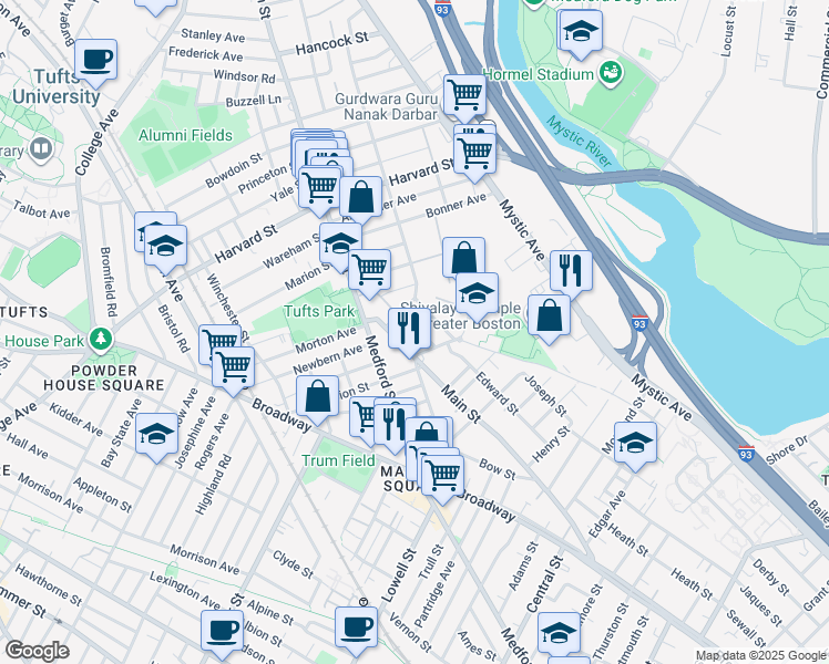 map of restaurants, bars, coffee shops, grocery stores, and more near 19 Ellis Avenue in Medford