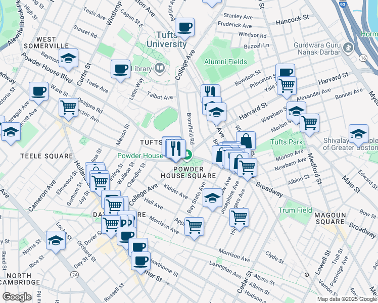 map of restaurants, bars, coffee shops, grocery stores, and more near 153 College Avenue in Somerville