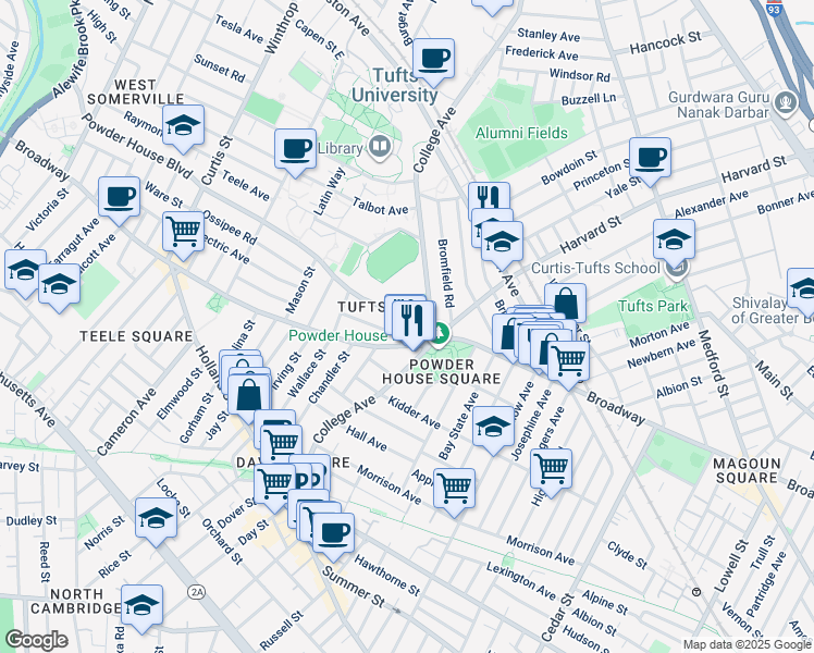 map of restaurants, bars, coffee shops, grocery stores, and more near 22 Powder House Boulevard in Somerville