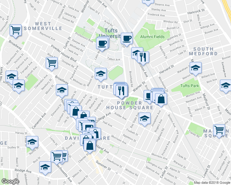 map of restaurants, bars, coffee shops, grocery stores, and more near 22 Powder House Boulevard in Somerville