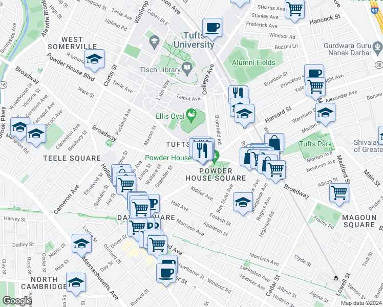 map of restaurants, bars, coffee shops, grocery stores, and more near 22 Powder House Boulevard in Somerville