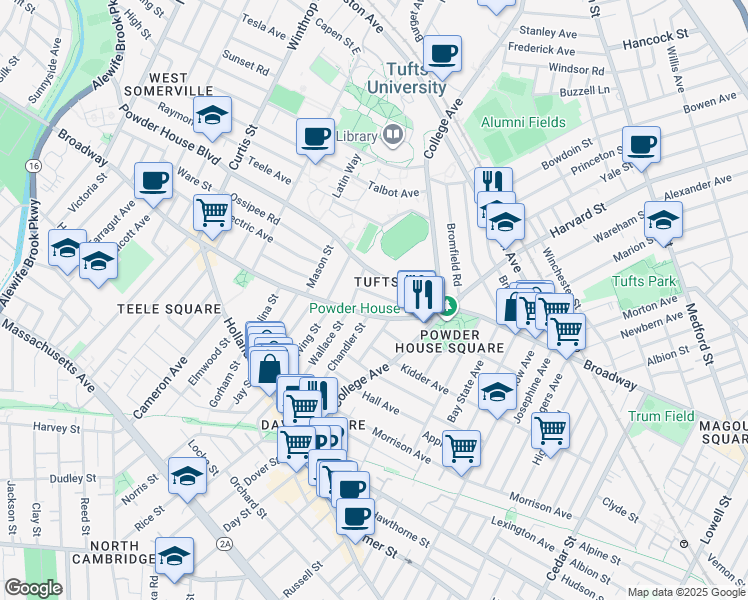 map of restaurants, bars, coffee shops, grocery stores, and more near 42 Powder House Boulevard in Somerville