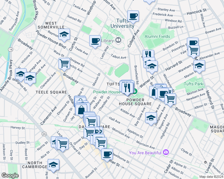 map of restaurants, bars, coffee shops, grocery stores, and more near 42 Powder House Boulevard in Somerville