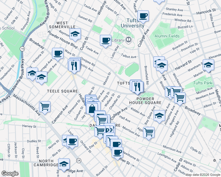 map of restaurants, bars, coffee shops, grocery stores, and more near 27 Burnham Street in Somerville