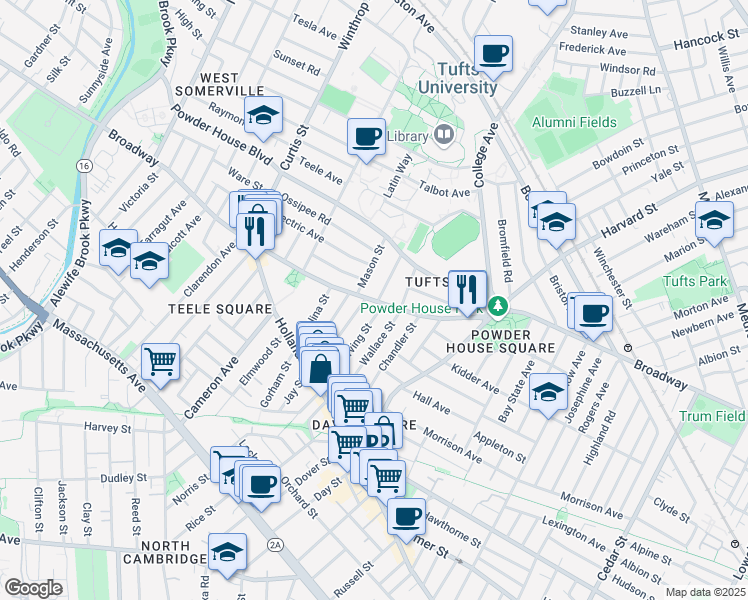 map of restaurants, bars, coffee shops, grocery stores, and more near 2 Whitman Street in Somerville