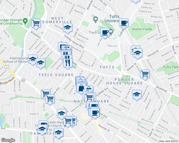 map of restaurants, bars, coffee shops, grocery stores, and more near 2 Whitman Street in Somerville