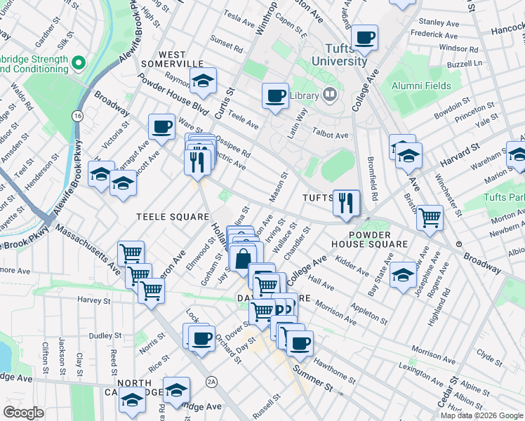 map of restaurants, bars, coffee shops, grocery stores, and more near 2 Whitman Street in Somerville