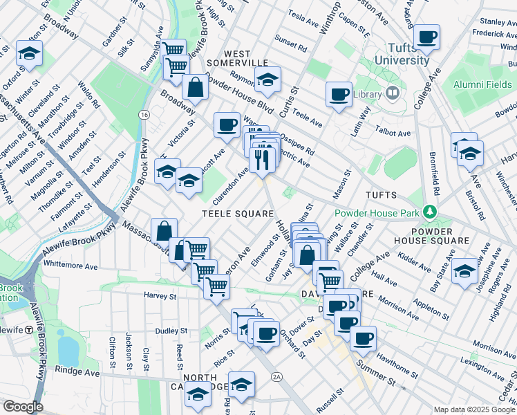 map of restaurants, bars, coffee shops, grocery stores, and more near 12 Moore Street in Somerville