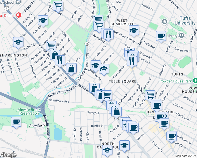 map of restaurants, bars, coffee shops, grocery stores, and more near 44 Matignon Road in Cambridge
