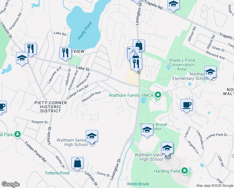 map of restaurants, bars, coffee shops, grocery stores, and more near 54 Lake Street in Waltham