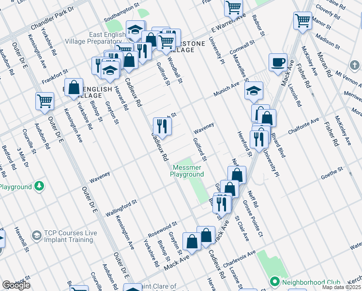 map of restaurants, bars, coffee shops, grocery stores, and more near 17216 Waveney in Detroit