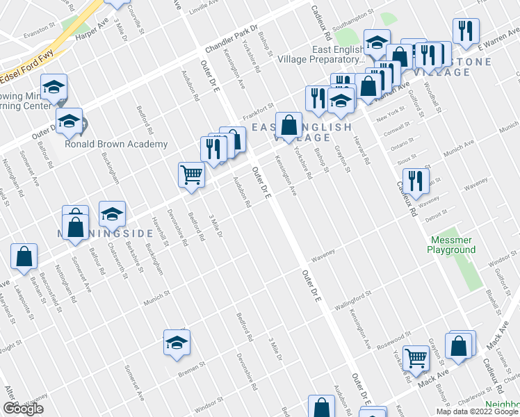 map of restaurants, bars, coffee shops, grocery stores, and more near 4828 Audubon Road in Detroit