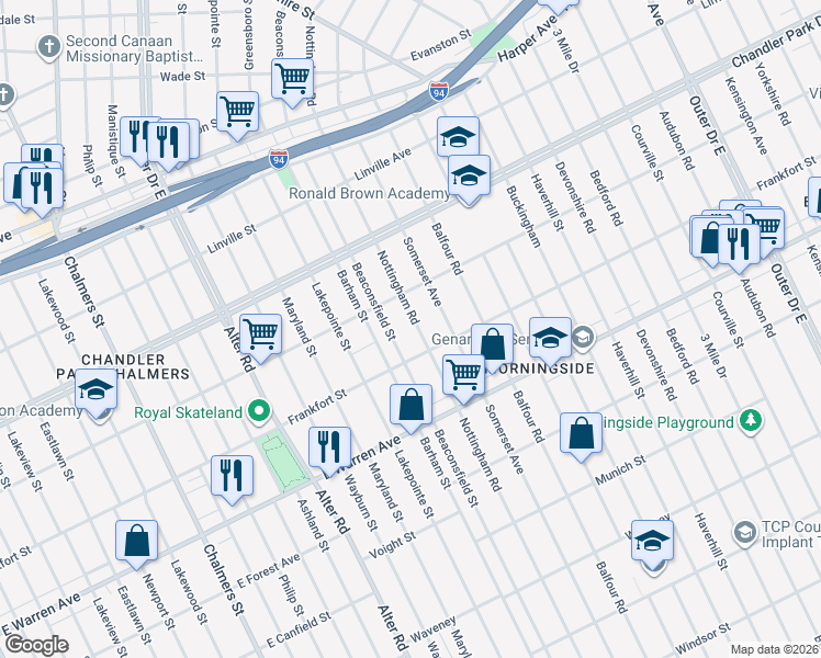 map of restaurants, bars, coffee shops, grocery stores, and more near 5274 Nottingham Road in Detroit