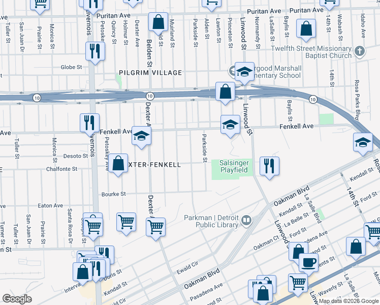 map of restaurants, bars, coffee shops, grocery stores, and more near 15078 Wildemere Street in Detroit