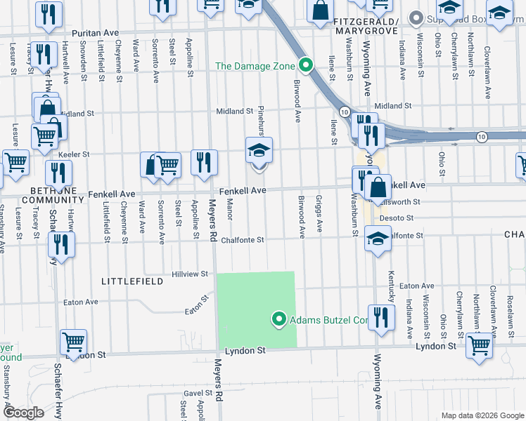 map of restaurants, bars, coffee shops, grocery stores, and more near 10535 Fenkell Avenue in Detroit