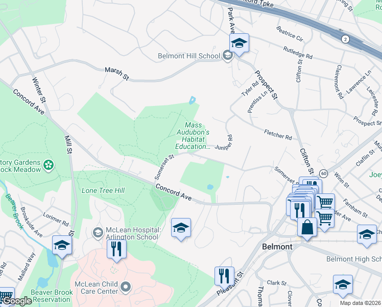 map of restaurants, bars, coffee shops, grocery stores, and more near 203 Somerset Street in Belmont