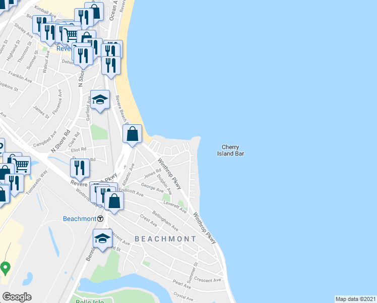 map of restaurants, bars, coffee shops, grocery stores, and more near Broadsound Ave & Cherry St in Revere