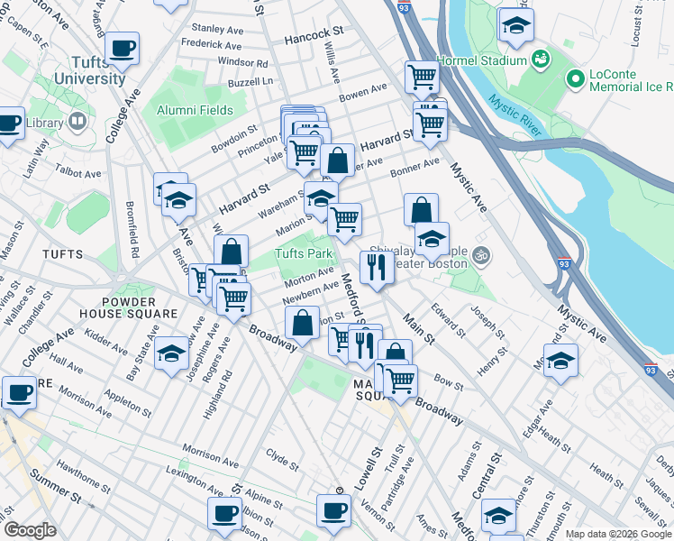 map of restaurants, bars, coffee shops, grocery stores, and more near 464 Main Street in Medford
