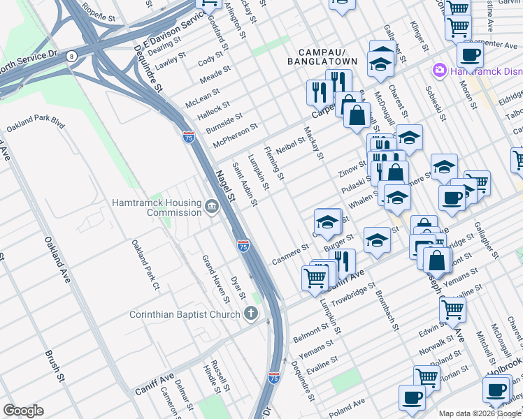 map of restaurants, bars, coffee shops, grocery stores, and more near 12021 Saint Aubin Street in Hamtramck