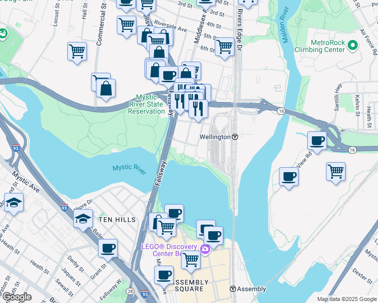 map of restaurants, bars, coffee shops, grocery stores, and more near 80 Station Landing in Medford