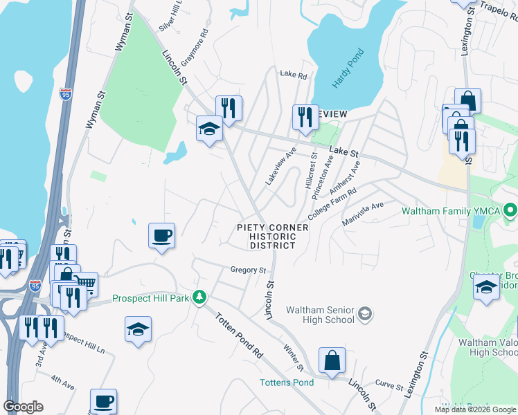 map of restaurants, bars, coffee shops, grocery stores, and more near 16 Lakeview Avenue in Waltham