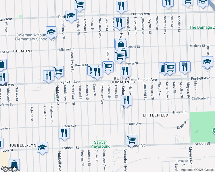 map of restaurants, bars, coffee shops, grocery stores, and more near 15120 Lesure Street in Detroit