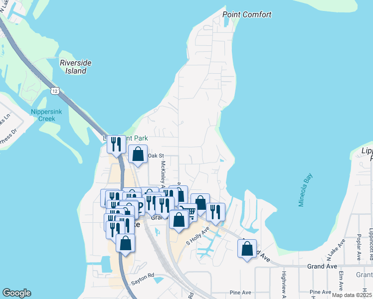 map of restaurants, bars, coffee shops, grocery stores, and more near 67 Mineola Road in Fox Lake