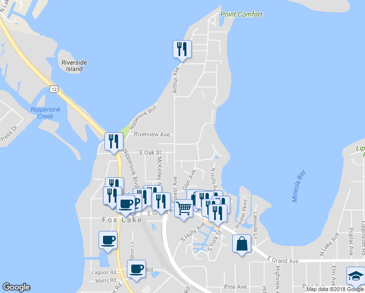 map of restaurants, bars, coffee shops, grocery stores, and more near 67 Mariner Lane North in Fox Lake