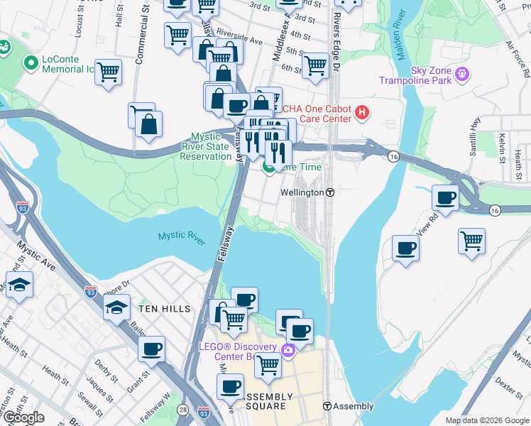 map of restaurants, bars, coffee shops, grocery stores, and more near 100 Station Landing in Medford
