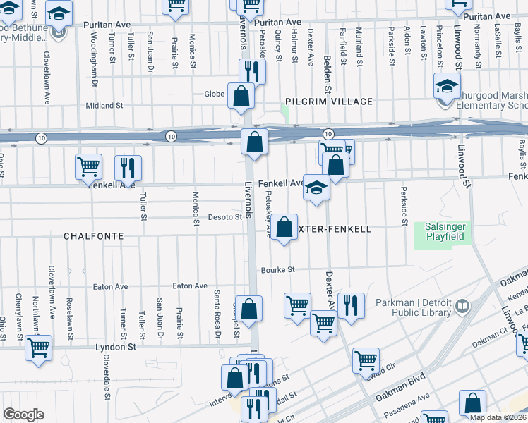 map of restaurants, bars, coffee shops, grocery stores, and more near 15102 Petoskey Avenue in Detroit