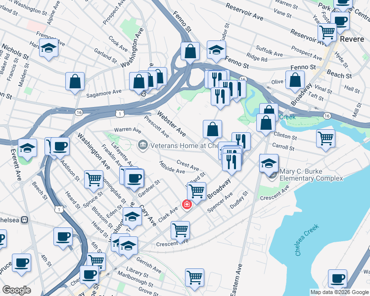 map of restaurants, bars, coffee shops, grocery stores, and more near 7 Prescott Avenue in Chelsea