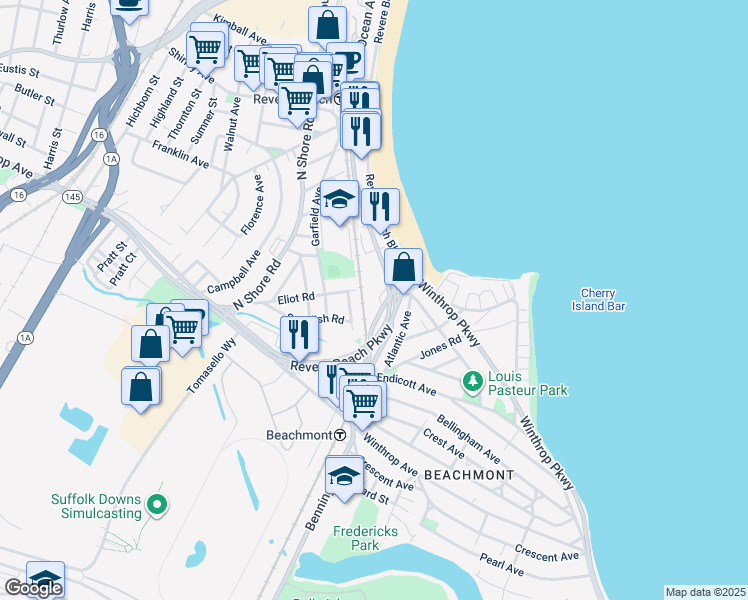map of restaurants, bars, coffee shops, grocery stores, and more near 2 Ocean Avenue in Revere