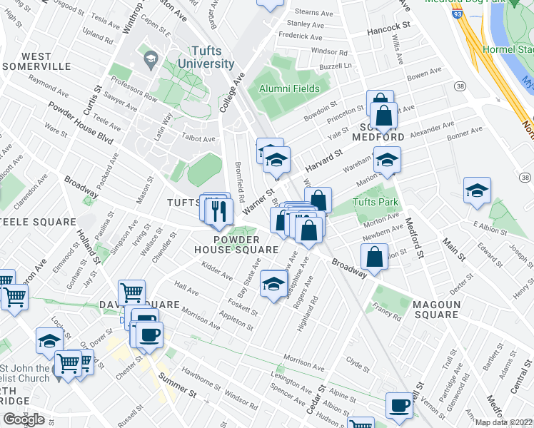 map of restaurants, bars, coffee shops, grocery stores, and more near 37 Warner Street in Somerville