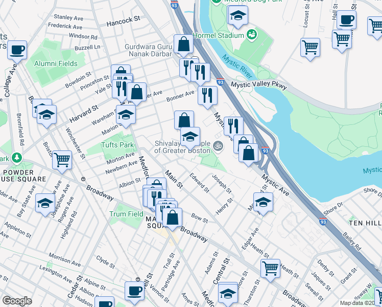 map of restaurants, bars, coffee shops, grocery stores, and more near 37 Hicks Avenue in Medford