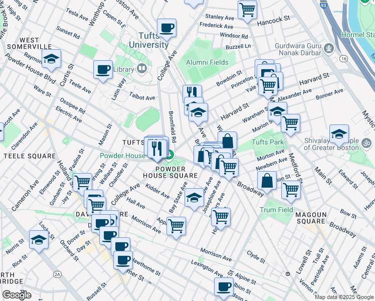 map of restaurants, bars, coffee shops, grocery stores, and more near 37 Warner Street in Somerville