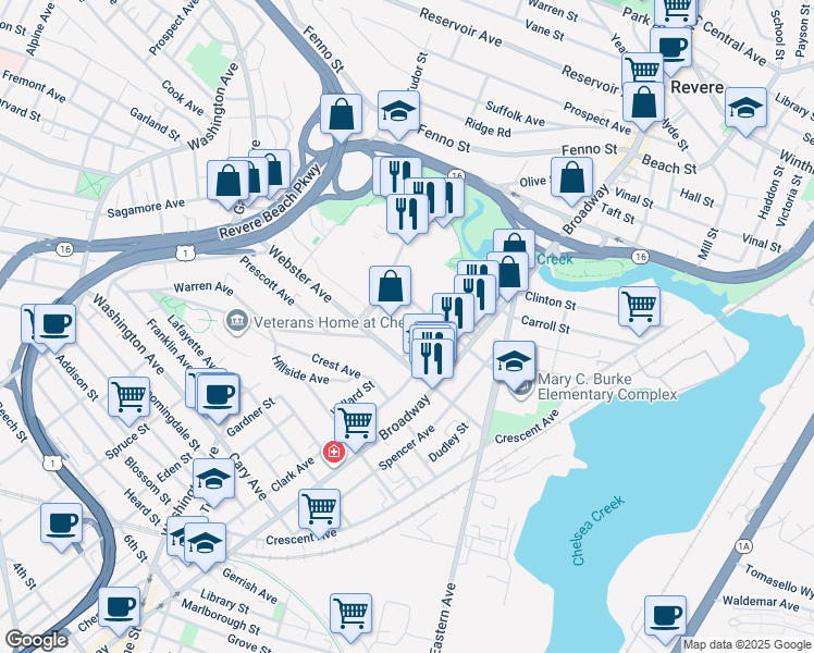 map of restaurants, bars, coffee shops, grocery stores, and more near 121 Webster Avenue in Chelsea