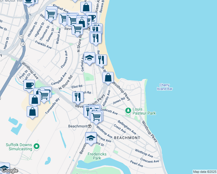 map of restaurants, bars, coffee shops, grocery stores, and more near 30 Revere Beach Parkway in Revere