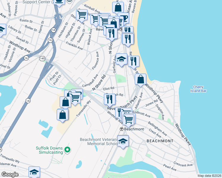 map of restaurants, bars, coffee shops, grocery stores, and more near 45 Curtis Road in Revere