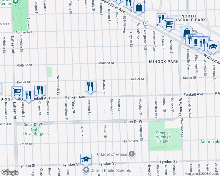 map of restaurants, bars, coffee shops, grocery stores, and more near 15341 Fielding Street in Detroit